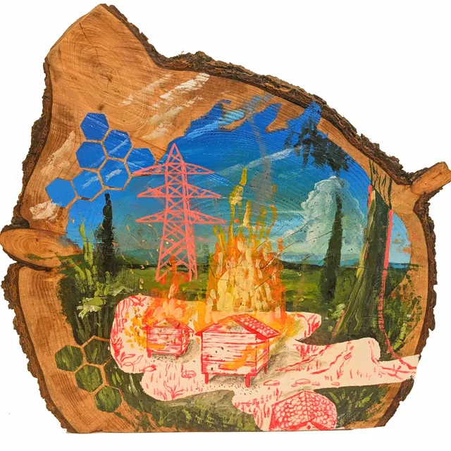 Peinture sur une tranche de bois brut, pylône électrique, feu de camp et personnages tracés en rouge.