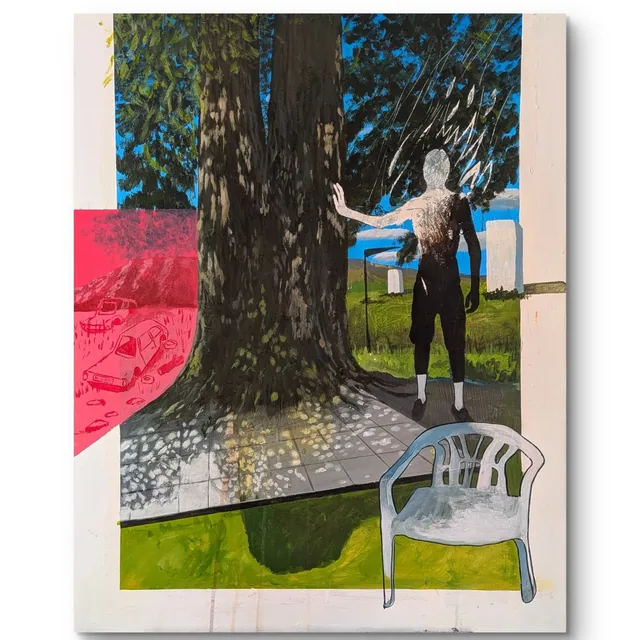 Grand arbre au centre de la toile, personnage debout à côté, chaise en plastique blanche au premier plan.