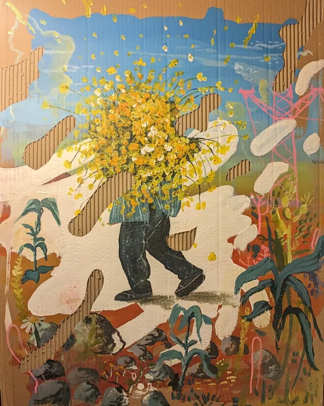 Personnage debout dont la tête est remplacée par un bouquet de fleurs jaunes.