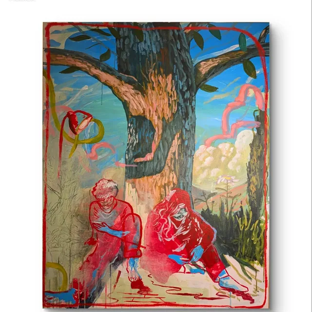 Deux personnages rouges assis au pied d'un grand arbre, contours tracés au feutre.