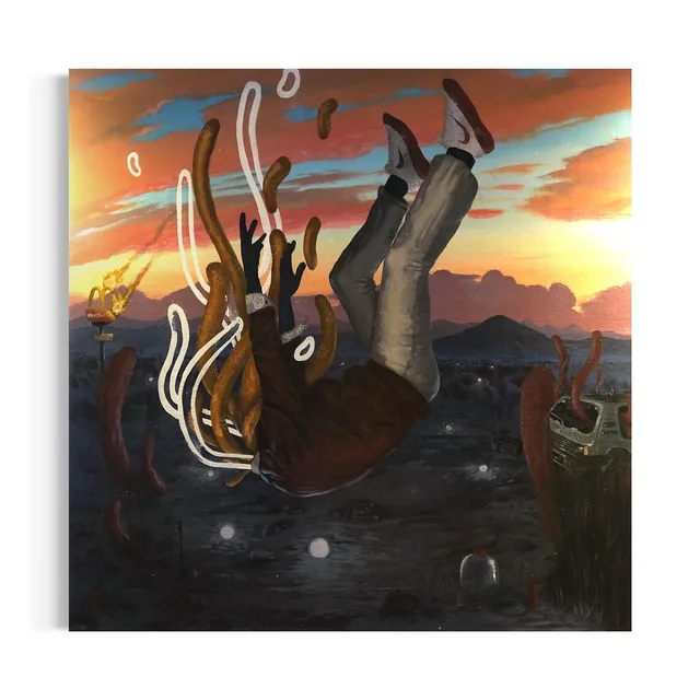Personnage tombant la tête en bas dans un ciel orangé, filaments blancs autour de lui.