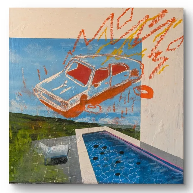 Voiture rouge renversée au-dessus d'une piscine, tracés orange en travers du ciel.