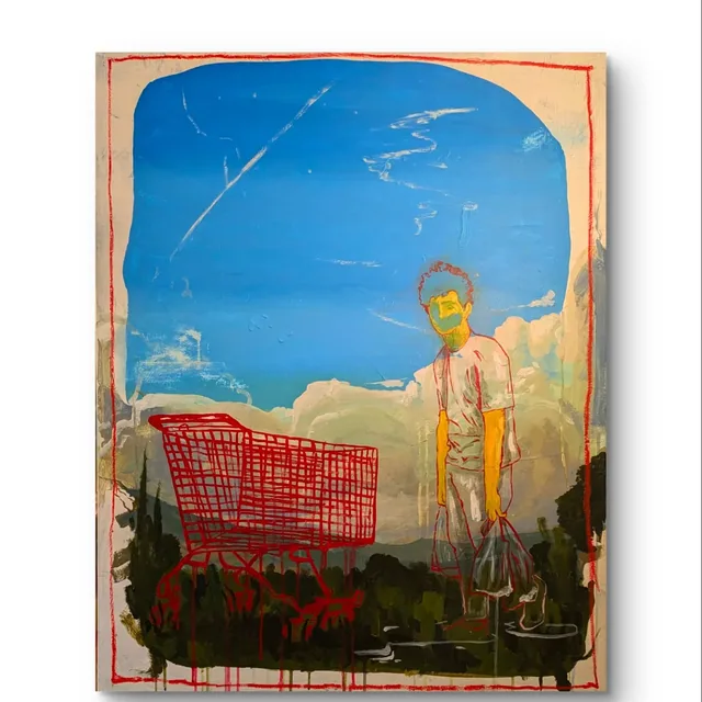 Personnage debout derrière un caddie rouge, ciel bleu et bordure rouge peinte tout autour.