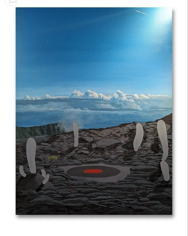 Cratère sombre marqué d'un point rouge en son centre, sous un ciel bleu au-dessus des nuages.