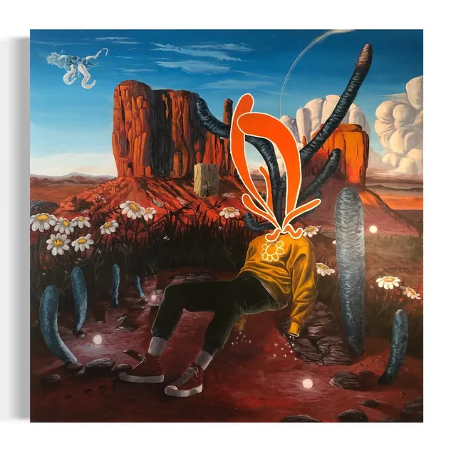 Personnage assis dans un désert rouge, formes orange jaillissant de sa tête.