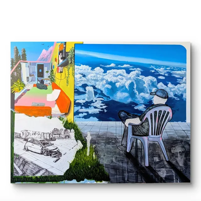 Composition en deux volets, une chambre aux couleurs vives à gauche, un ciel de nuages et une chaise en plastique à droite.