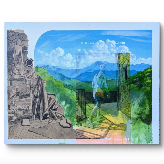 Toile posée contre un mur d'atelier, paysage de montagnes bleues vu à travers des panneaux vitrés, silhouette claire au centre.