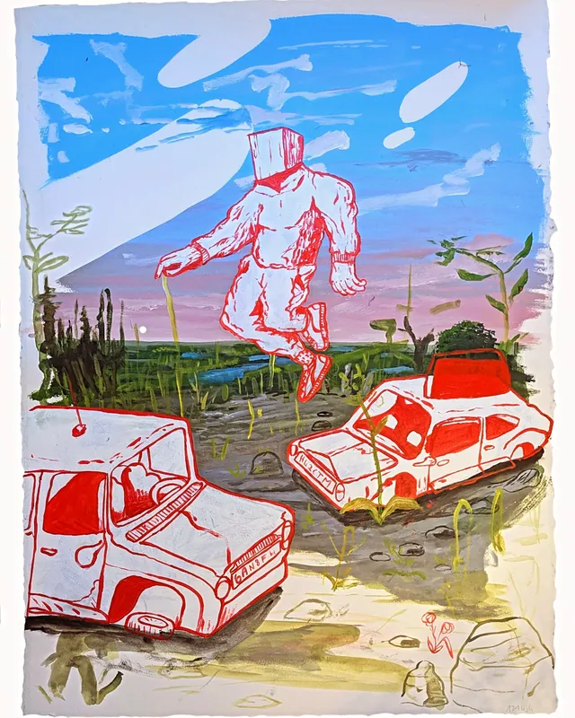 Sur papier, personnage et voitures dessinés en rouge dans un paysage volcanique.